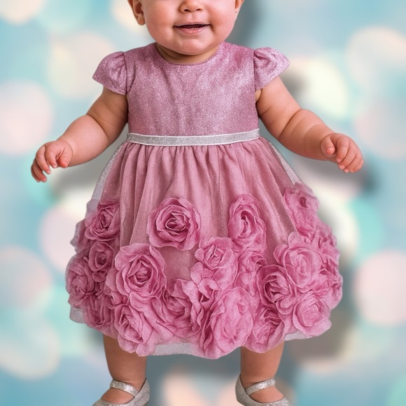 Baby Girl’s Pink Glitter Floral Rose Tulle Tutu Formal Dress Size 12 Months - Picture 1 of 5